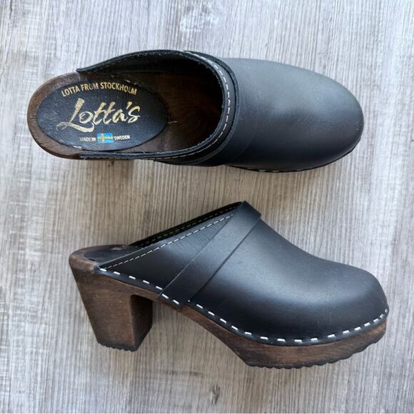 Lotta from Stockholm Black Heeled Clog Shoes Sz 37 / US 7 Wooden Heel - Picture 2 of 8